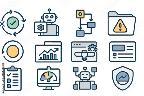 Business and tech outline icon set. workflow, data analytics, ai, gear symbols collection