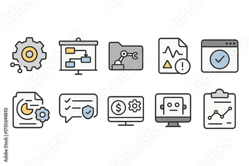 Technology, business outline icon set. digital tools, workflow, analytics icons collection