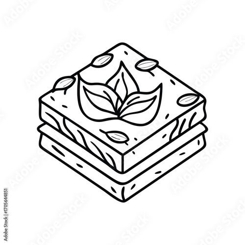 Outline isometric icon of stacked layered desserts with leaves