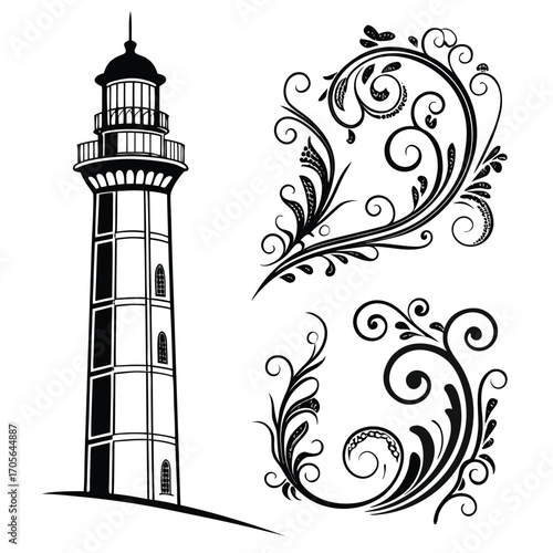 Black Silhouette of a Lighthouse with Decorative Swirl Flourishes on a White Background Keywords: silhouette, lighthouse, tower, beacon, maritime, nautical, coast, sea, ornate, decorative