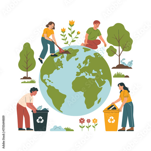 People tending planet earth planting and recycling