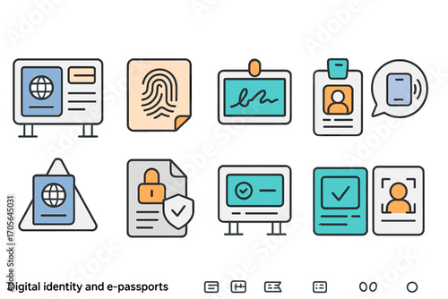 Digital identity and e-passports icon set. secure access icons outline collection