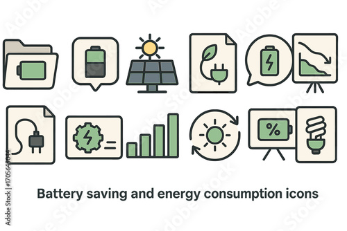 Battery, energy outline icon set. efficiency, power conservation icons collection