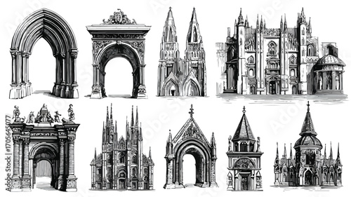 Gothic Architecture Engravings Collection Featuring Detailed Ornate Designs
