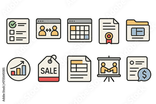 Business, office flat icon set. workflow, management, and planning essentials
