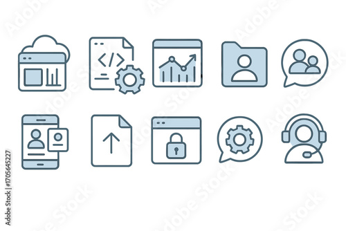 Technology, it outline icon set. cloud, data, user, settings outline style icons