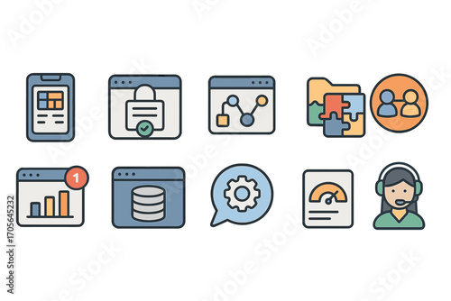 Business and technology icon set. flat style for productivity and analytics apps