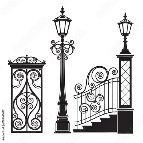 Black silhouette of ornate gates lampposts and fence with stairs on white background Keywords: gate, ornate, wrought iron, lamp post, fence, stairs, silhouette, black and white, design, detail