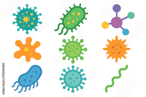 Virus and bacteria flat icon set. microbiology, science, health symbols collection