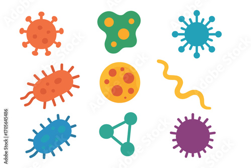 Virus and bacteria flat icon set. microbe, germs, disease, infection symbols collection