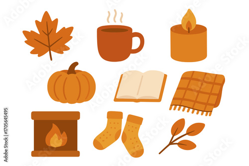 Autumn, cozy flat icon set. fall season, warmth, comfort flat collection