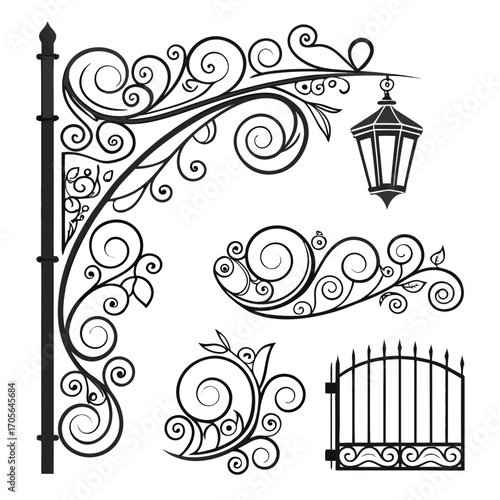 Black Silhouette of Ornate Wrought Iron Elements Including a Lamp Post, Gate, and Decorative Flourishes
