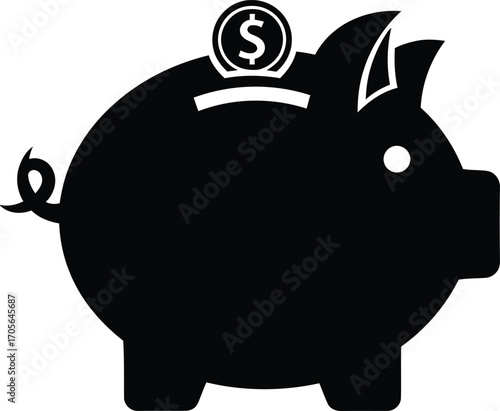 A black silhouette of a piggy bank with a coin slot and a coin with a dollar sign on top.