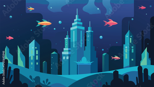 Surreal underwater battle between fish and sea monsters vector illustration for adobe stock