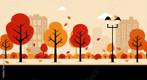 Autumn City Park Scene with Colorful Trees and Buildings in Flat Illustration Style