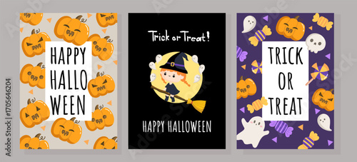 Halloween cute playful greeting cards design bundle with Cute Pumpkins, Witch on a Broom, Ghosts and Candies Hand drawn Vector Illustration
