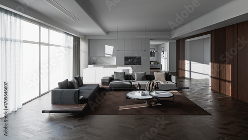 Minimalist modern apartment interior with cozy living room, marble kitchen wall, sleek contemporary furniture, soft daylight, and photorealistic 3D architectural visualization