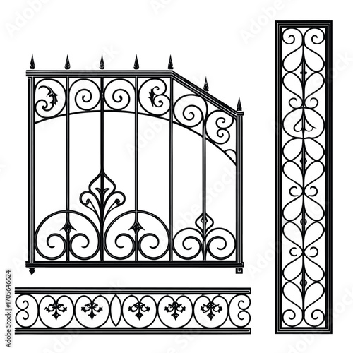 Decorative Wrought Iron Fence Sections and Vertical Panel with Scrollwork and Fleur-de-lis Motifs on White Background Keywords: wrought iron, fence, railing, panel, scrollwork, filigree