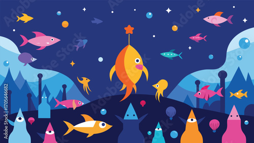Surreal underwater dance party with girl and playful sharks vector illustration