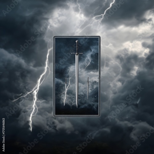 Swords tarot card with stormy background