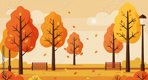 Autumn Park Scene with Colorful Trees, Benches, and Falling Leaves in Vector Style