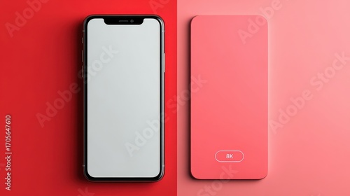Modern smartphone with blank screen and 8K display icon on pink background