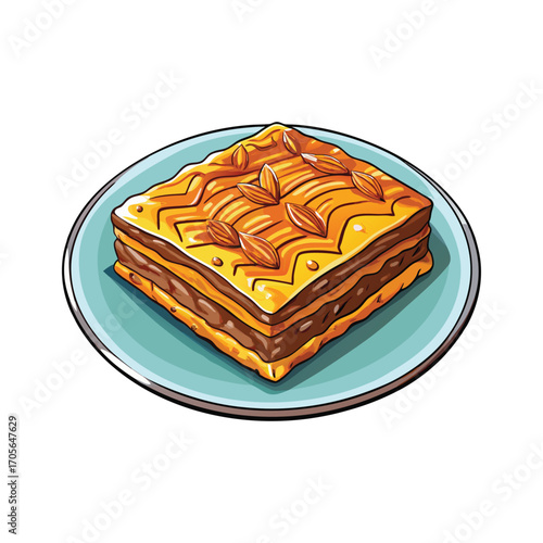 Single square baklava pastry with almond topping on blue plate