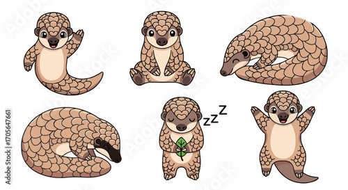 Adorable pangolin animal illustrations showcasing playful poses and charming expressions for fun designs