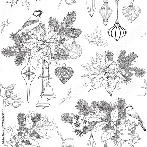 Vintage Christmas seamless pattern with tit bird fir twig mistletoe bells balls toys holly poinsettia Hand drawn Vector background for design holidays package wrapping paper new year decor Black white