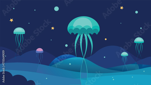 Surreal underwater scene fish glide among glowing bubbles and coral vector illustration