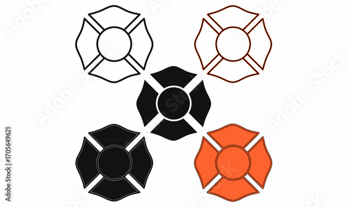Firefighter emblem Maltese cross icon set in black, red, outline, and filled style. Symbol of fire service, rescue, safety, honor, and emergency protection design.