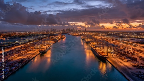 Sunrise Over Miami Port A Vivid Aerial View of Shipping and Urban Development