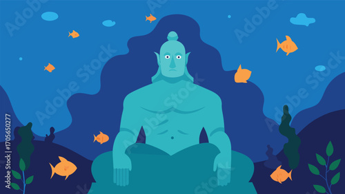 Surreal underwater floating islands with magical structures and glowing coral deep blue sea fantasy vector