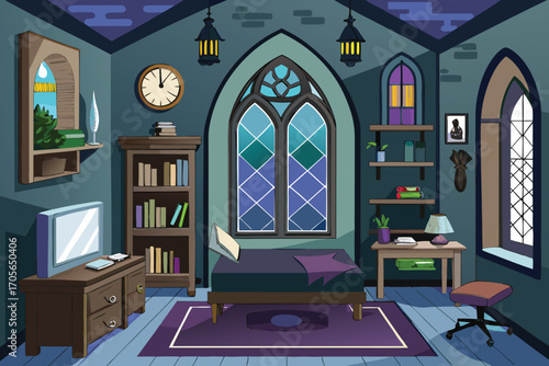 vector art of a cozy gothic bedroom with a bed, bookcase, desk, and windows, creating a serene and inviting atmosphere