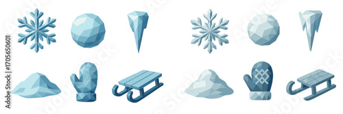 Geometric low poly winter elements set including snowflakes, snowballs, icicles, snowdrifts, mittens, and sleds