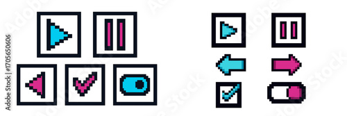 Vibrant pixel art user interface icons for media playback, interactive controls, and digital applications in retro style