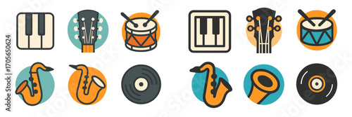 Collection of diverse musical instruments and audio media elements for entertainment and creative design projects