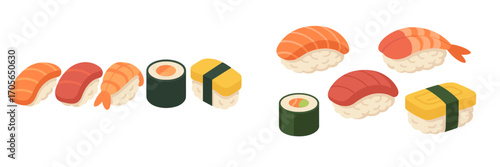 Variety of fresh Japanese sushi and maki rolls including nigiri with salmon, tuna, shrimp, and tamagoyaki omelet