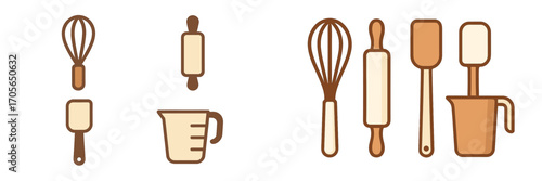 Essential kitchen baking tools set including whisk, rolling pin, spatula, and measuring cup for cooking