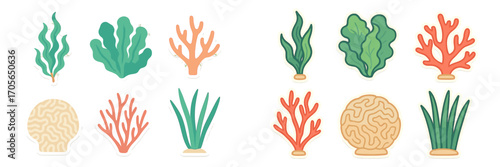 Diverse set of vibrant marine flora and fauna including various types of seaweed, kelp, and coral formations