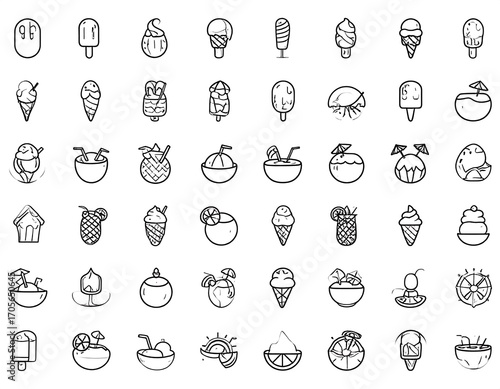 Simple line drawings of various summer treats