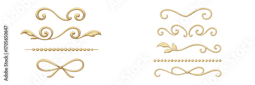 Elegant golden decorative swirls, ornate leaves, beaded lines, and classic bow design elements for luxury projects and invitations