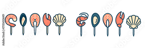 Colorful stylized seafood icons on decorative picks featuring shrimp, salmon, crab claws, mussels, and scallops
