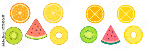 Colorful assortment of tropical and citrus fruit slices including orange, lemon, kiwi, watermelon, and pineapple