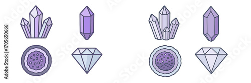 Assortment of geometric purple and blue crystal clusters, individual gemstones, cut diamonds, and natural geode cross-sections