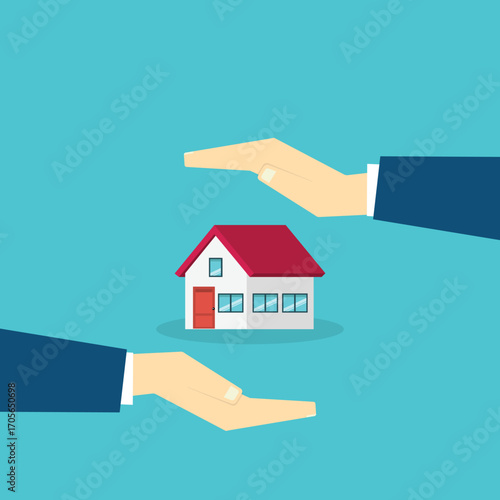 House with a protective hands. For security concepts, protection of private property. Insurance, mortgage, credit.	