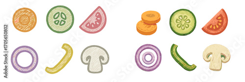 Assortment of fresh sliced vegetables and mushrooms including carrots, cucumbers, tomatoes, onions, and bell peppers