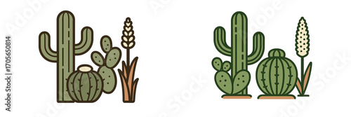 Stylized desert flora arrangement with saguaro, prickly pear, and barrel cacti alongside other arid plants