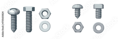 Variety of essential hardware fasteners: slotted head screws, hex head bolts, hexagonal nuts, and flat washers