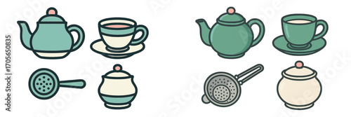 Elegant collection of teapots, teacups, sugar bowls, and tea strainers for serving hot beverages and enjoying a relaxing tea time
